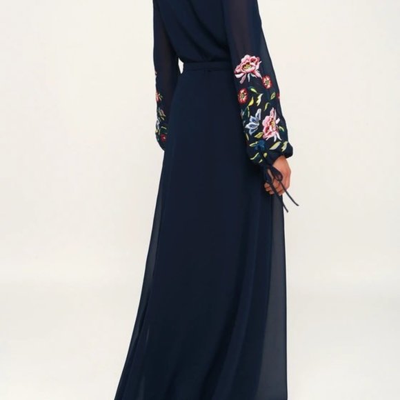 Navy Blue Embroidered Long Sleeve Wrap Maxi Dress *Hemmed* - Picture 2 of 3
